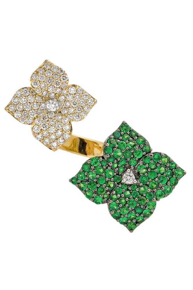 PIRANESI-Tsavorite and Diamond Double Flower Ring-YELLOW GOLD