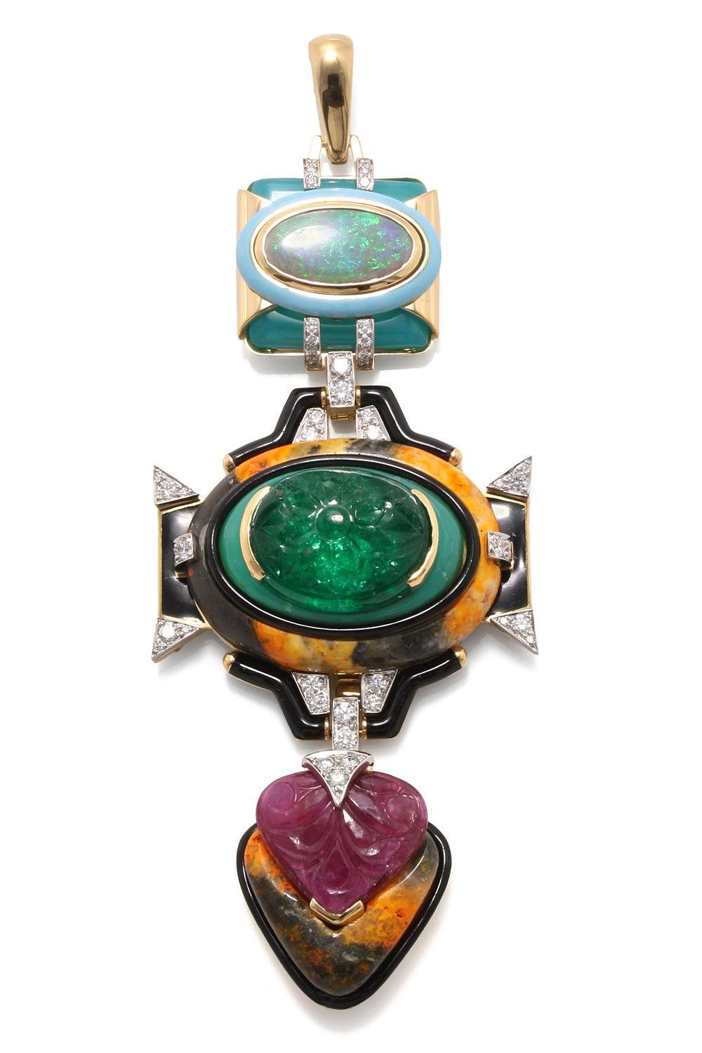 Blue Agate Ruby Black Blue Totem Pendant-YELLOW GOLD-JEWELRYFINE JEWELPENDANT-DAVID WEBB
