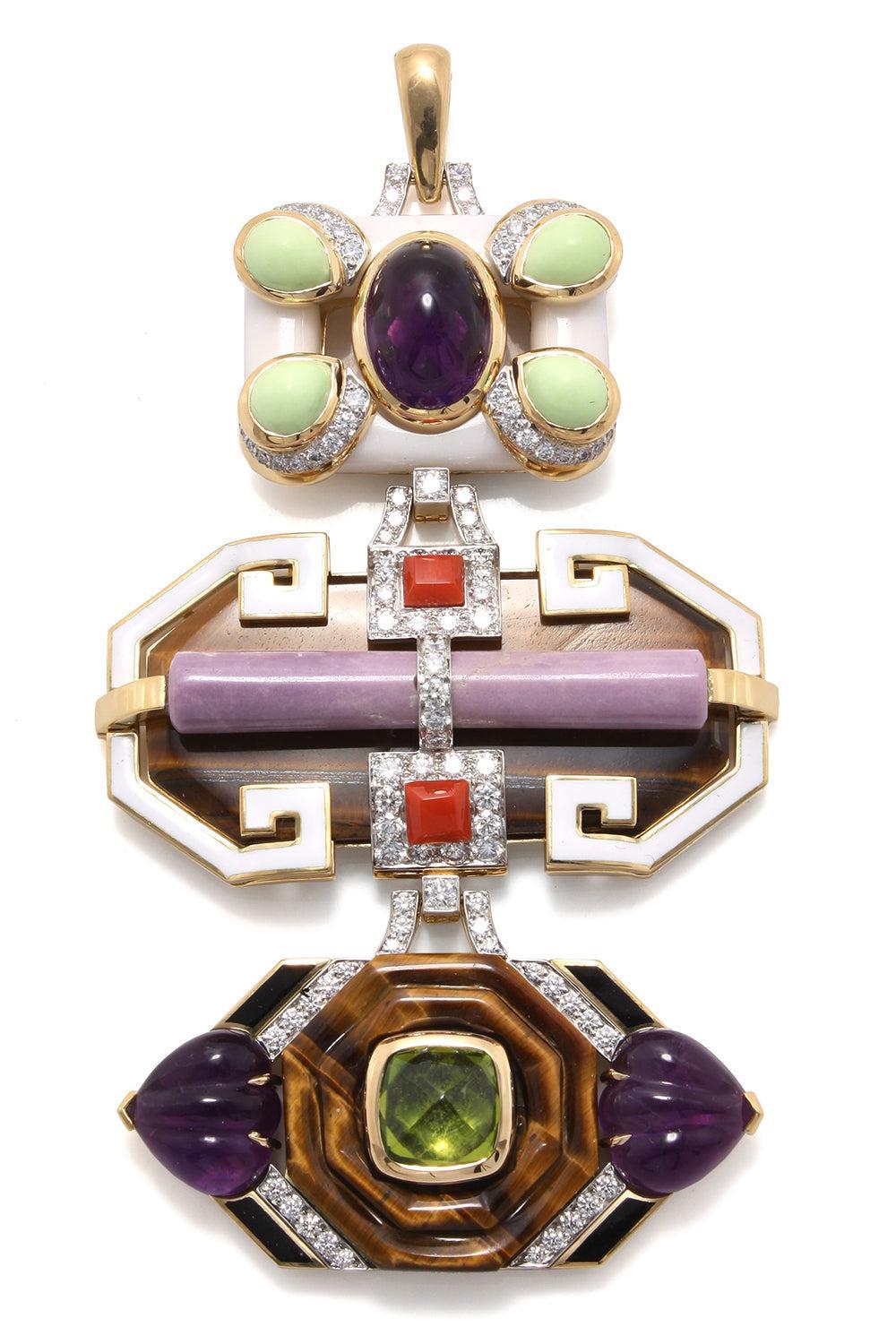 Tigers Eye Marble White Black Totem Pendant-YELLOW GOLD-JEWELRYFINE JEWELPENDANT-DAVID WEBB