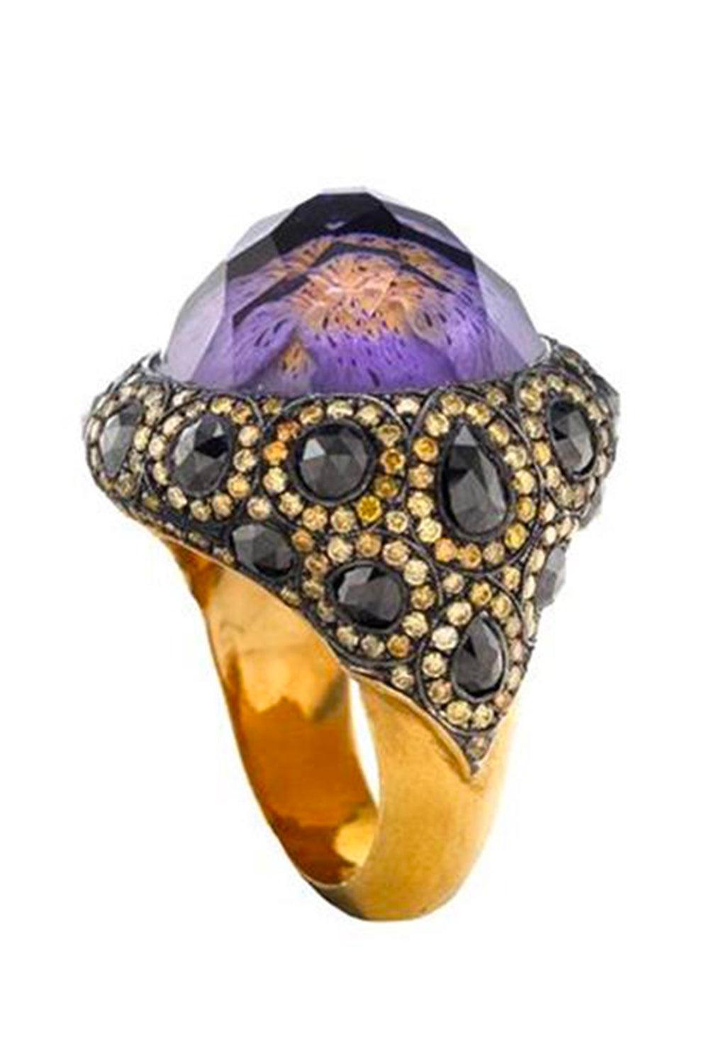 Amethyst Black Yellow Diamond Lotus Ring-YLEGOLD-7-JEWELRYFINE JEWELRING-SEVAN BICAKCI