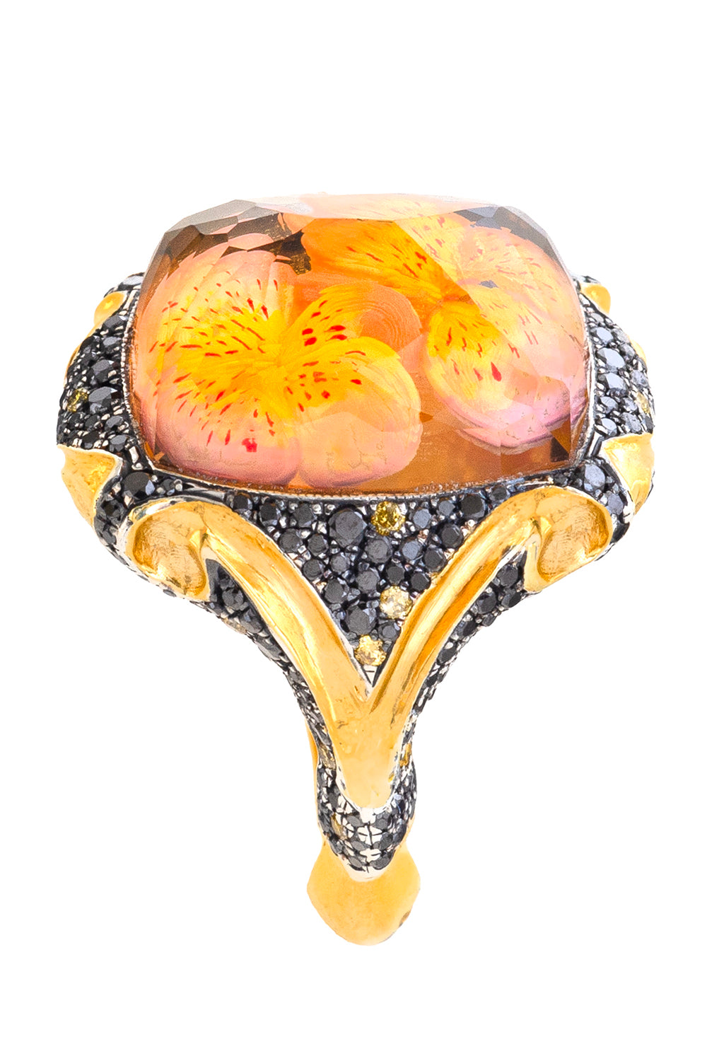 Black Yellow Diamonds Carved Flower Bloom Ring
