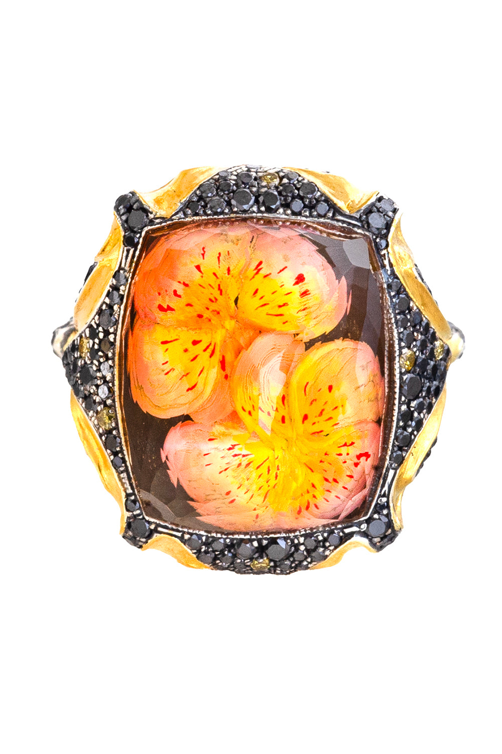 Black Yellow Diamonds Carved Flower Bloom Ring