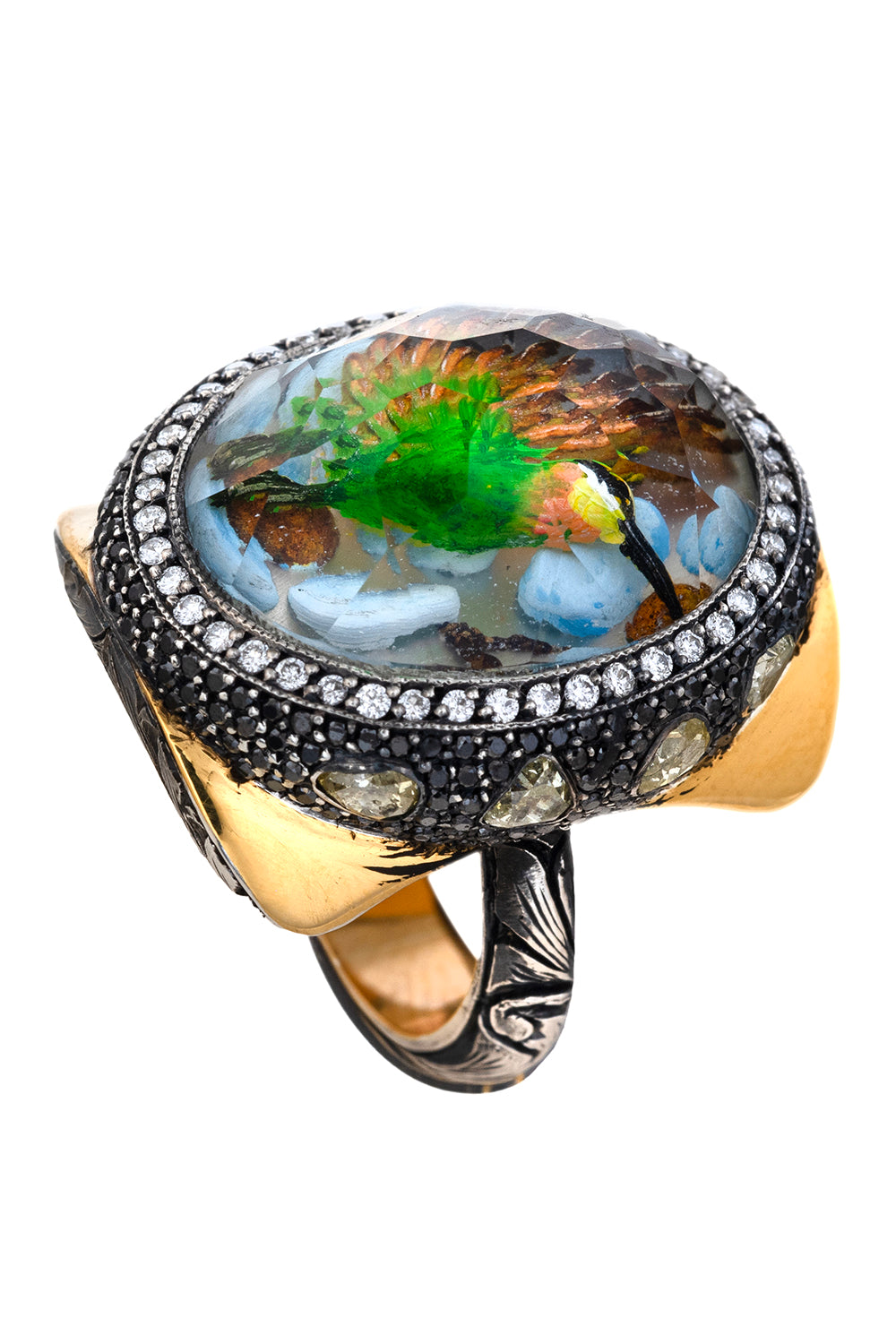 Yellow Black Diamond Carved Hummingbird Ring