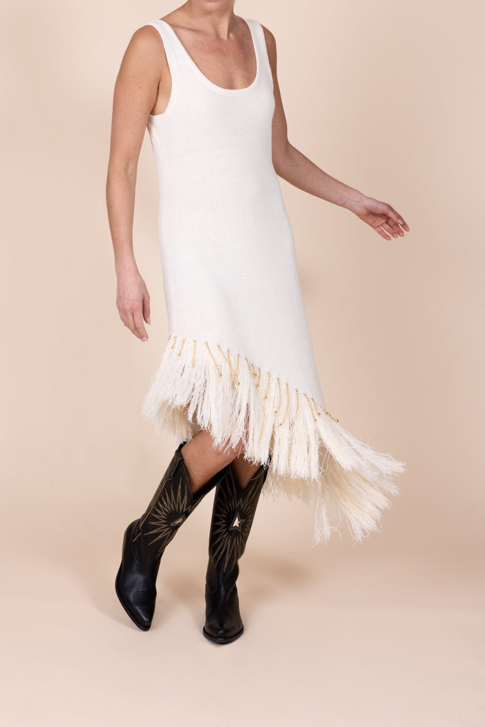 RABANNE-Beaded Feather Asym Dress-
