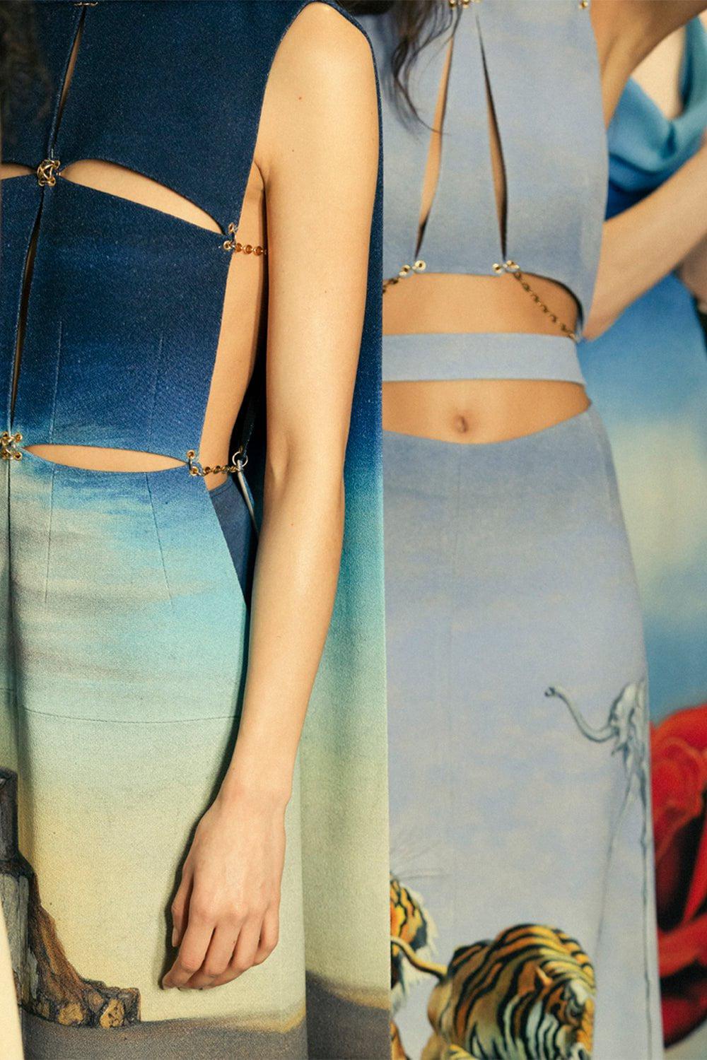 RABANNE-Cut Out Maxi Dress-BLU/TIGR
