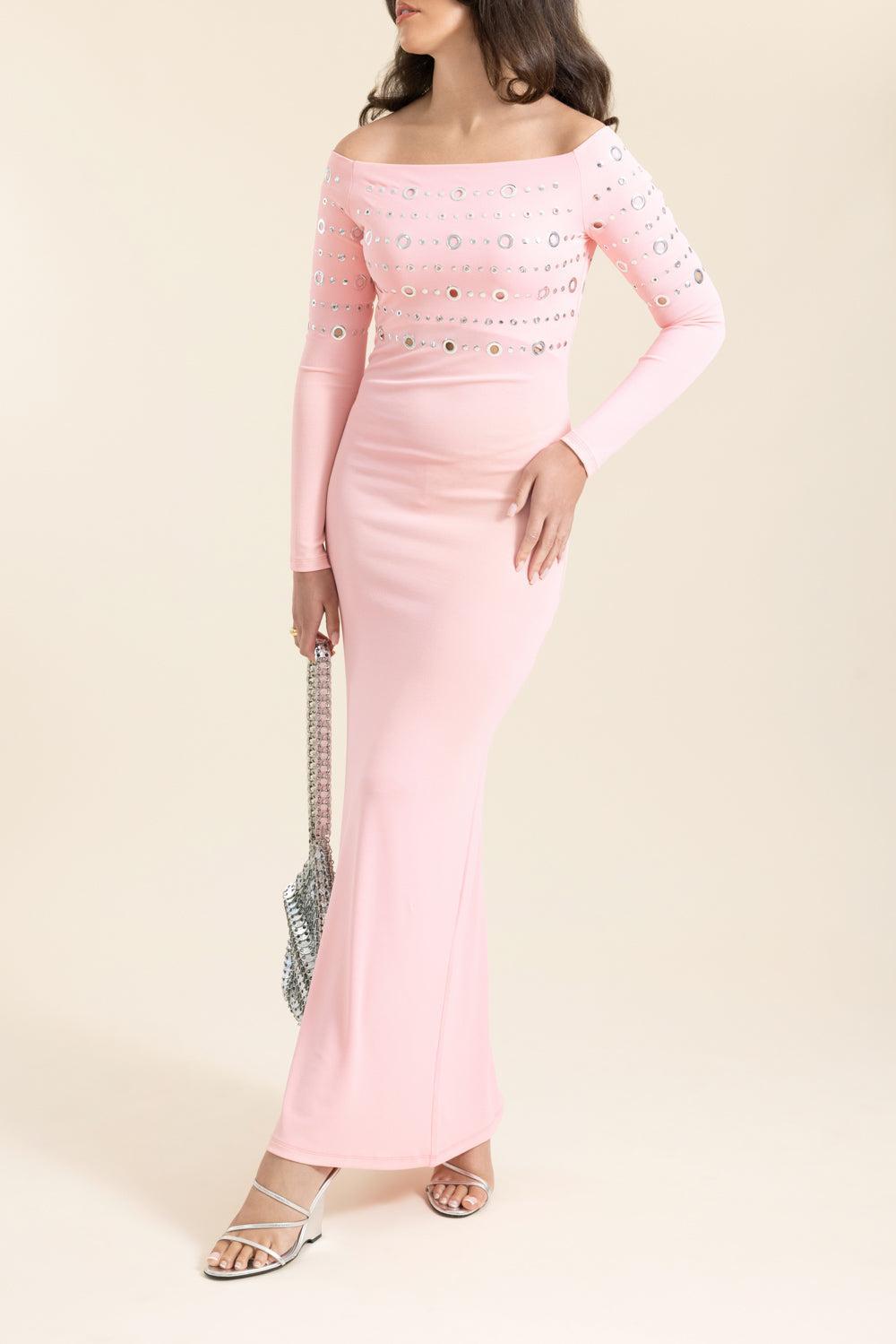 Embellished Off The Shoulder Dress-PINK-36-CLOTHINGDRESSCASUAL-RABANNE