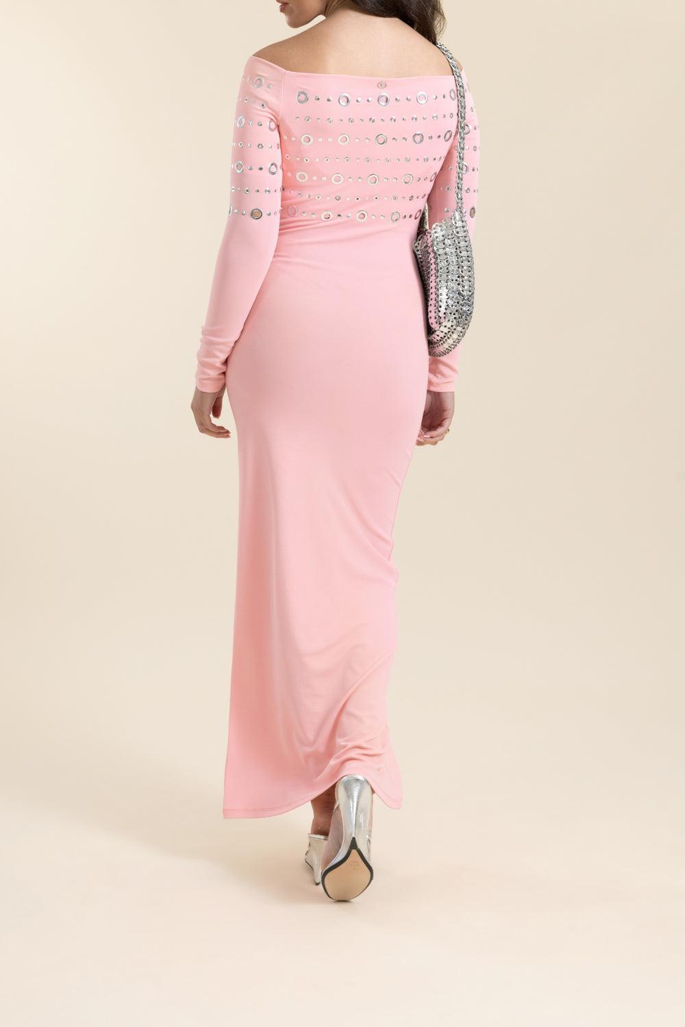 Embellished Off The Shoulder Dress-PINK-36-CLOTHINGDRESSCASUAL-RABANNE