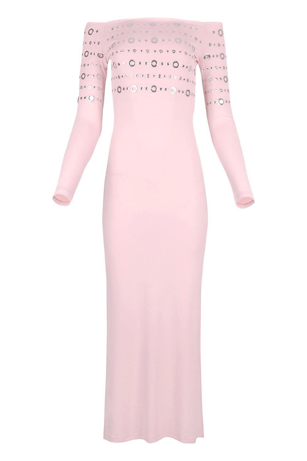 Embellished Off The Shoulder Dress-PINK-36-CLOTHINGDRESSCASUAL-RABANNE