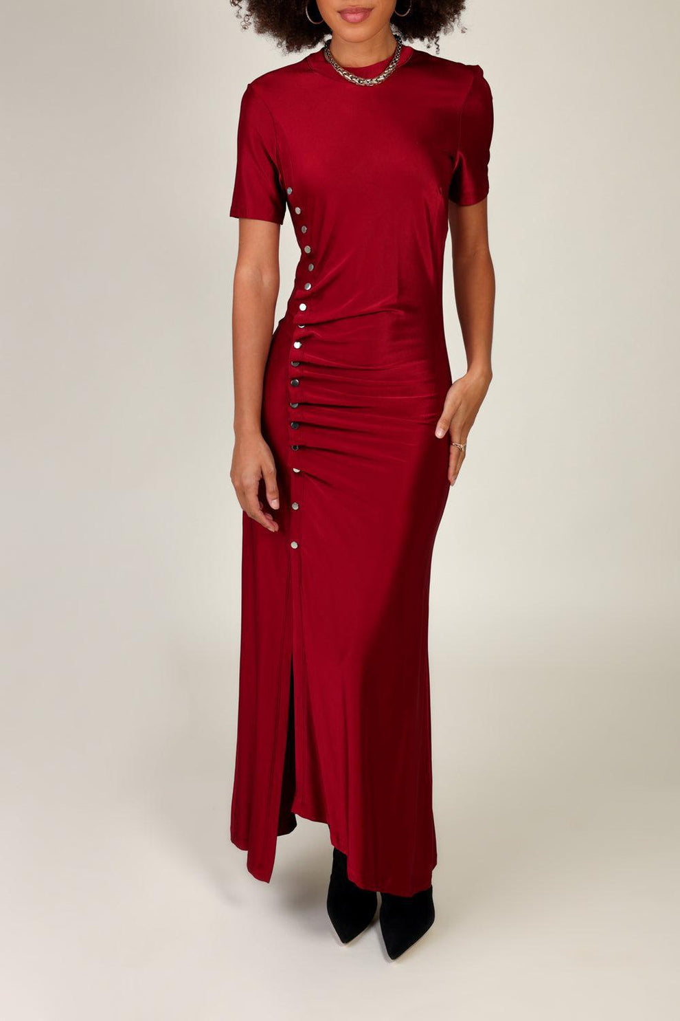 RUCHED BUTTONED MIDI DRESS