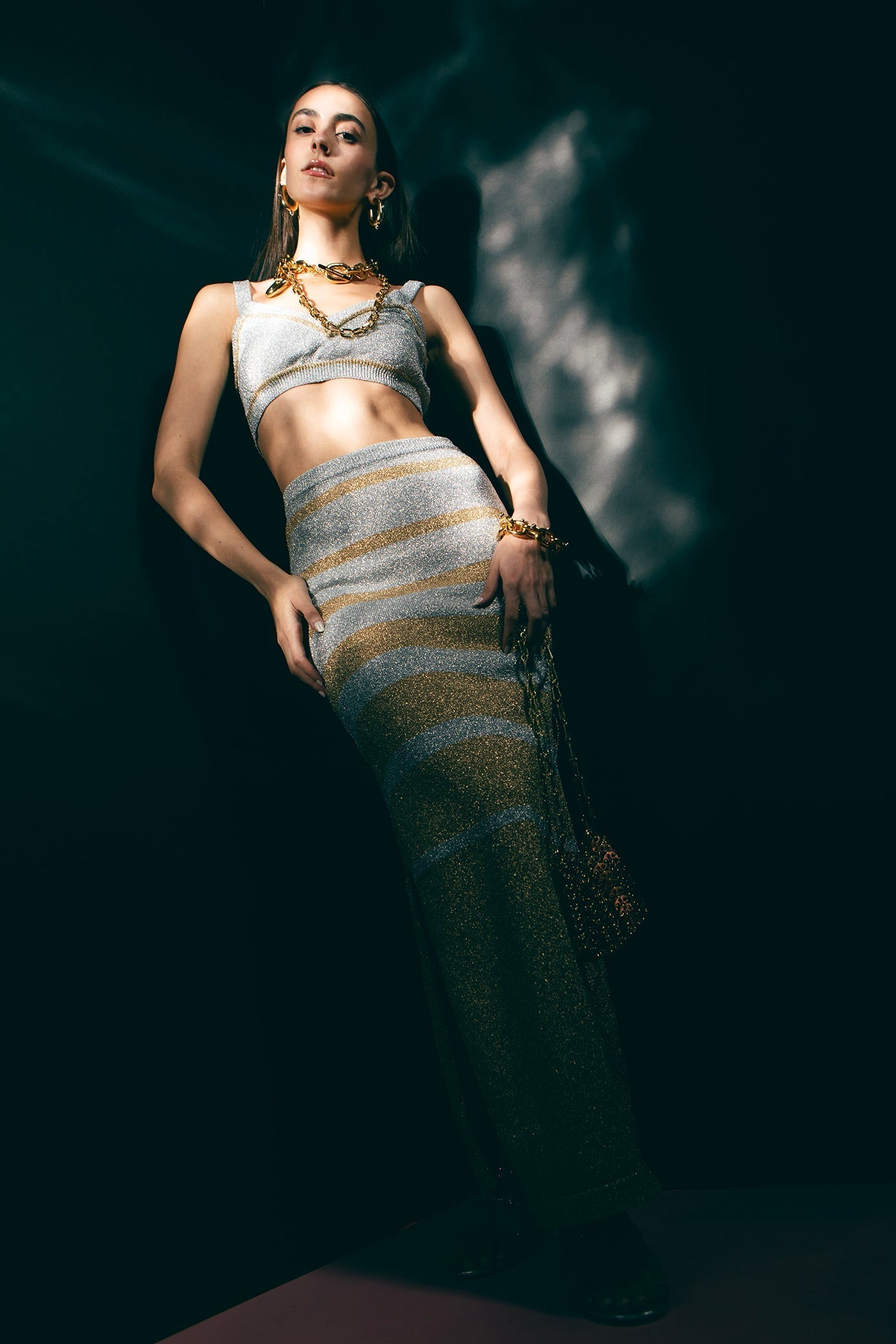 RABANNE-Striped Metallic Maxi Skirt-