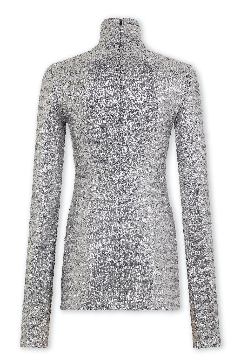 Sequin Stretch Turtle-Neck Pullover-SILVER-36-CLOTHINGTOPKNITS-RABANNE