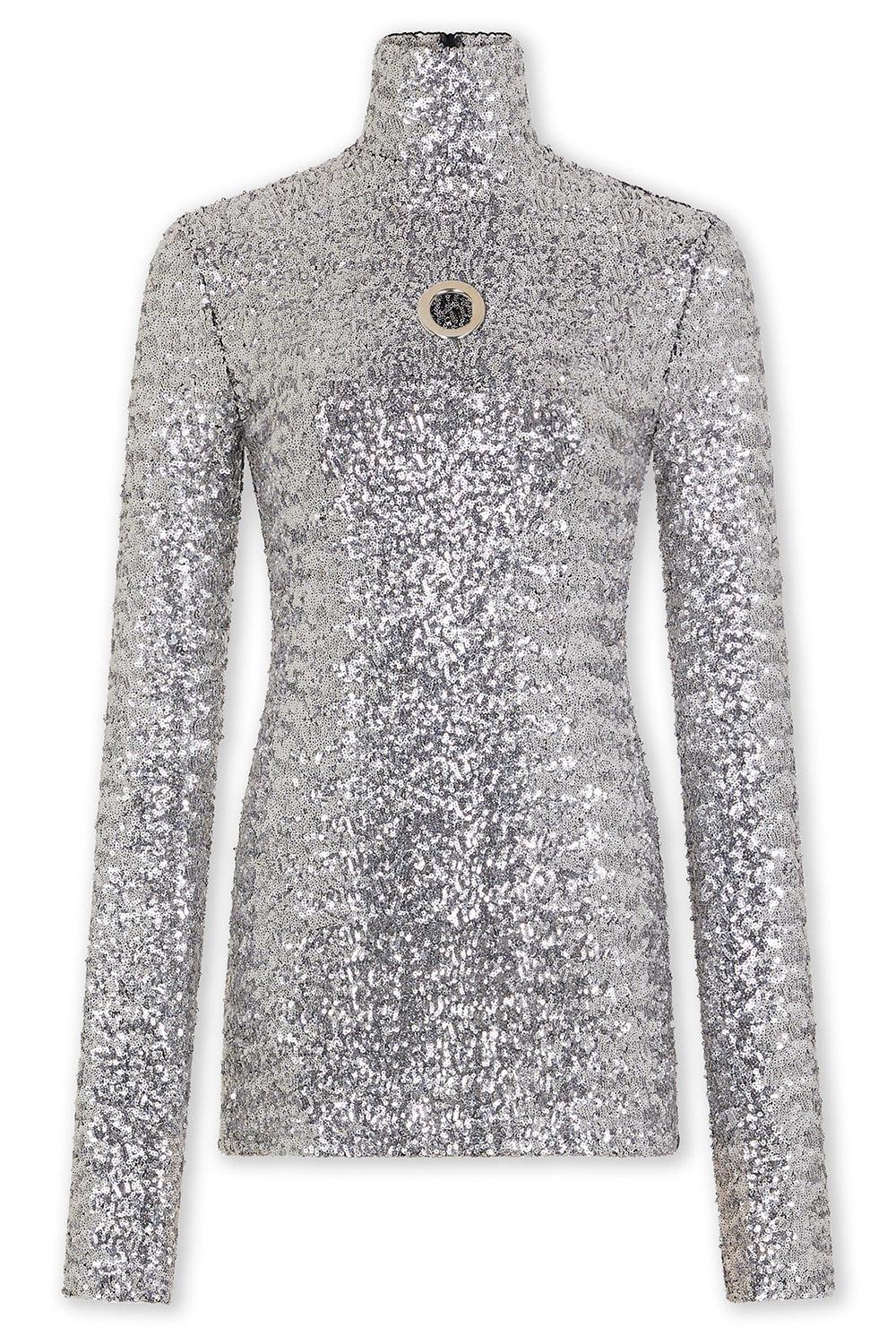 Sequin Stretch Turtle-Neck Pullover-SILVER-36-CLOTHINGTOPKNITS-RABANNE