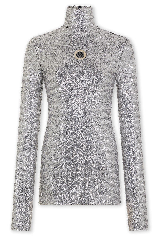 Sequin Stretch Turtle-Neck Pullover-SILVER-36-CLOTHINGTOPKNITS-RABANNE