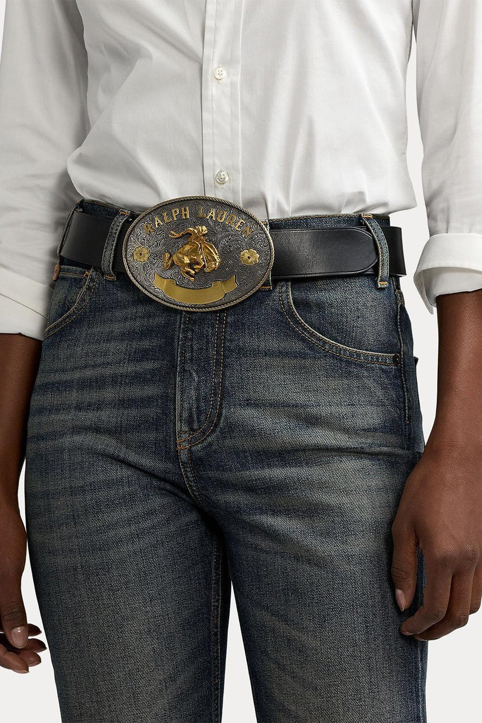 Ralph Lauren Black Leather Belt with Gold Eagle Buckle Polo Ralph Lauren Wide Leather Square-Buckle Belt, Size  main image 4