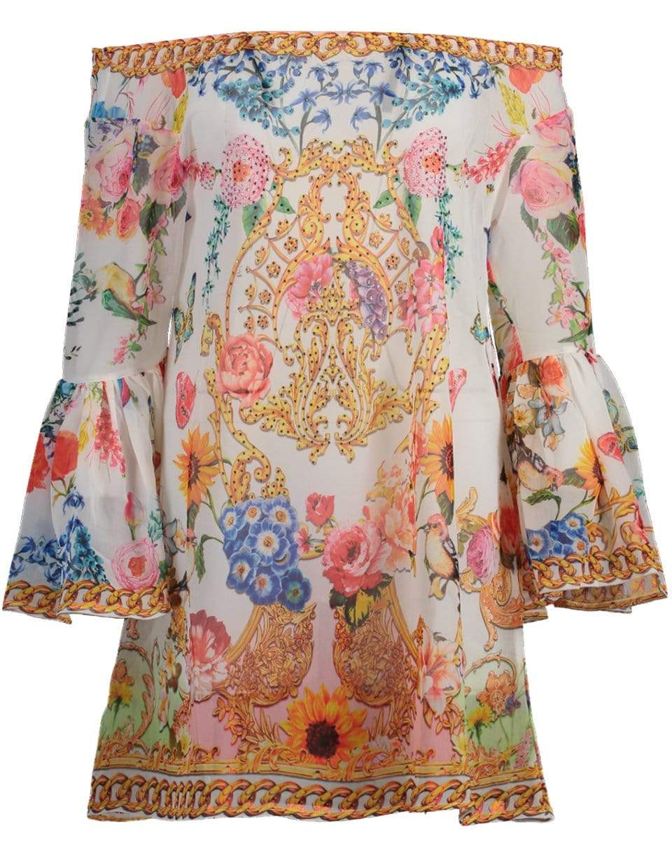 RANEES-White Off Shoulder Flare Sleeve Print Top-