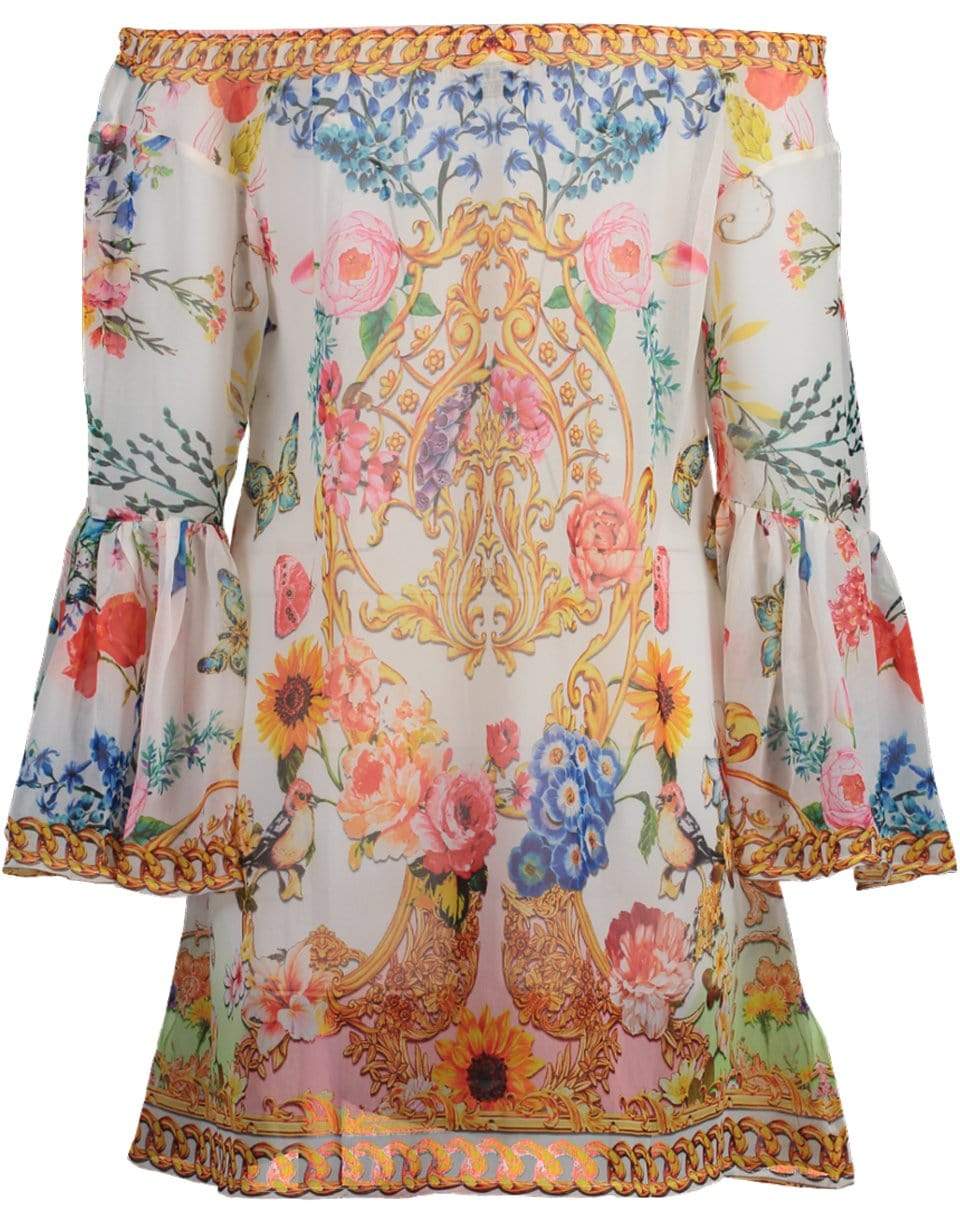 RANEES-White Off Shoulder Flare Sleeve Print Top-