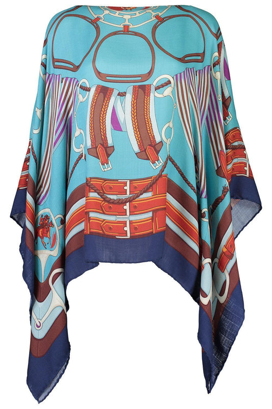 Printed Poncho - Turquoise-TURQ-O/S-CLOTHINGTOPPONCHO-RANI ARABELLA