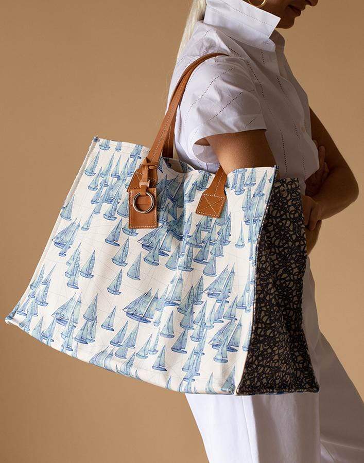 RANI ARABELLA-Beach Print Canvas Beach Bag-BLUE