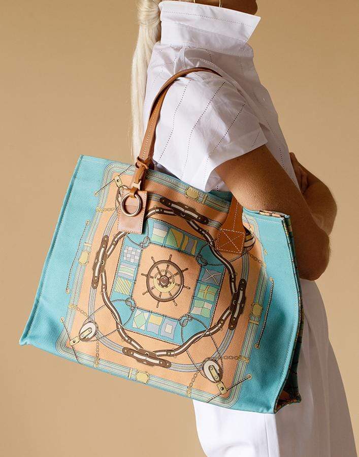RANI ARABELLA-Steering Wheel Print Canvas Tote Bag-APRICOT