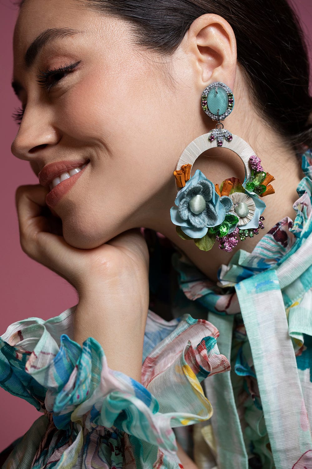 RANJANA KHAN-Blue Posie Silk Flower Earrings-BLUE
