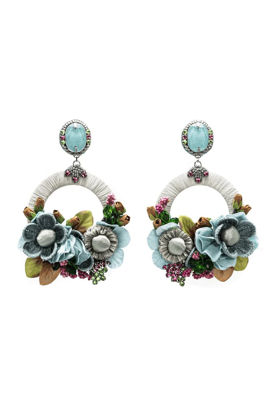 RANJANA KHAN-Blue Posie Silk Flower Earrings-BLUE