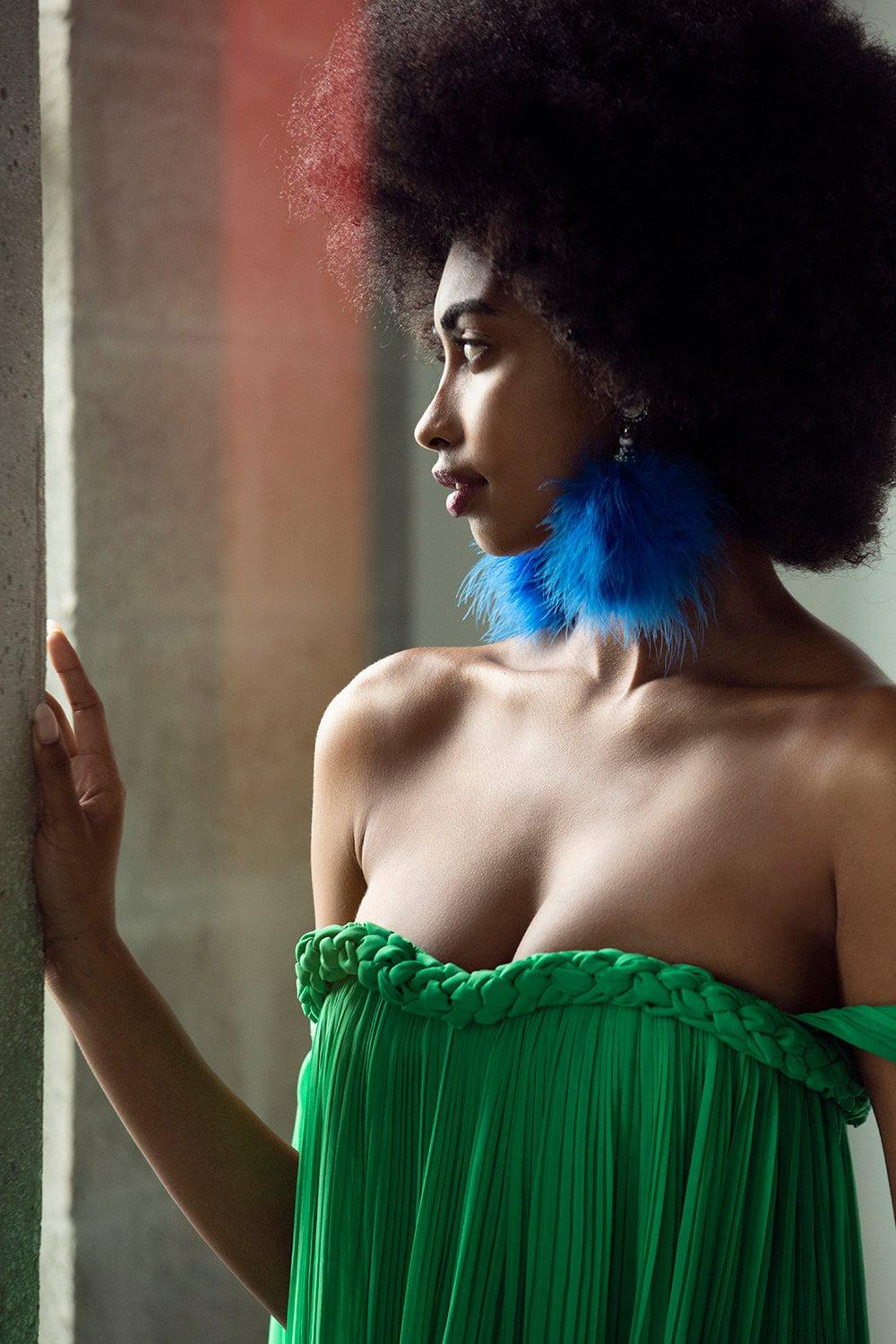 RANJANA KHAN-Cobalt Pom Marabou Feather Earrings-COBALT