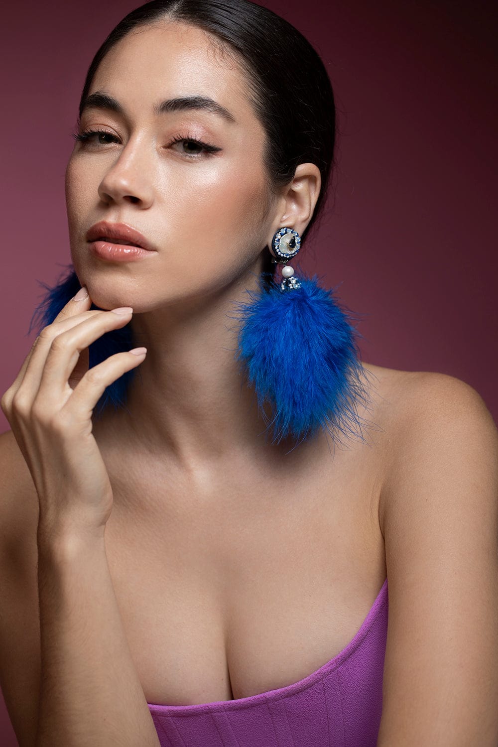 RANJANA KHAN-Cobalt Pom Marabou Feather Earrings-COBALT