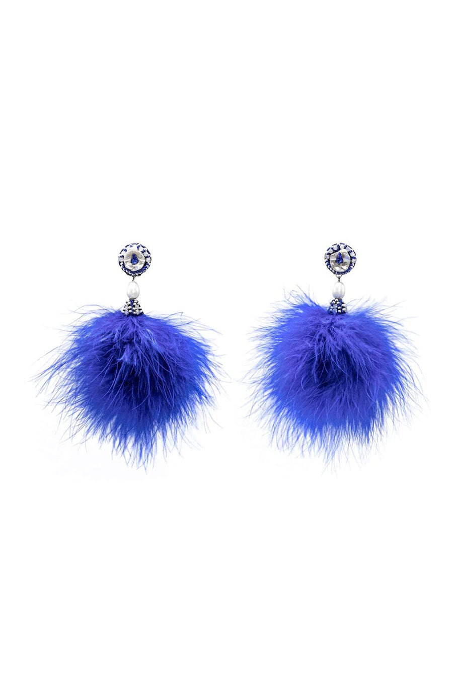 RANJANA KHAN-Cobalt Pom Marabou Feather Earrings-COBALT