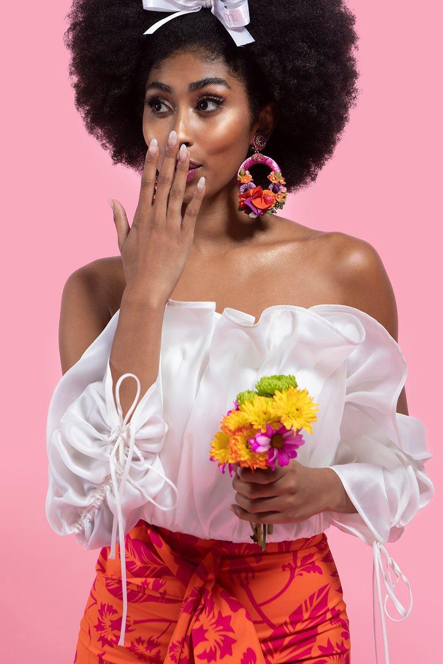 RANJANA KHAN-Pink Posie Silk Flower Earrings-PINK