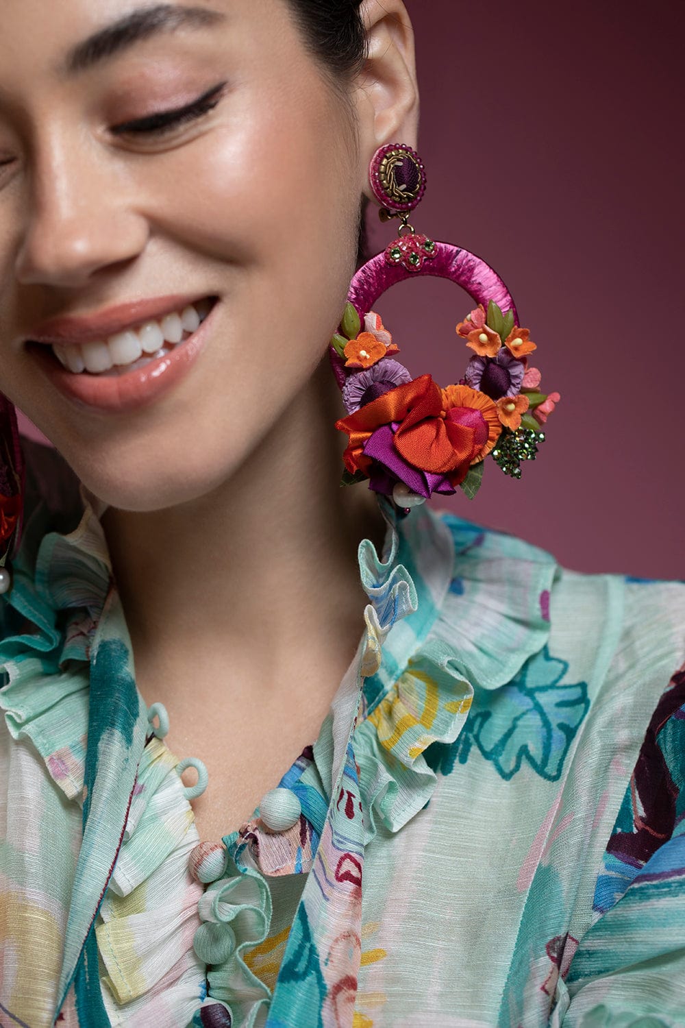 RANJANA KHAN-Pink Posie Silk Flower Earrings-PINK