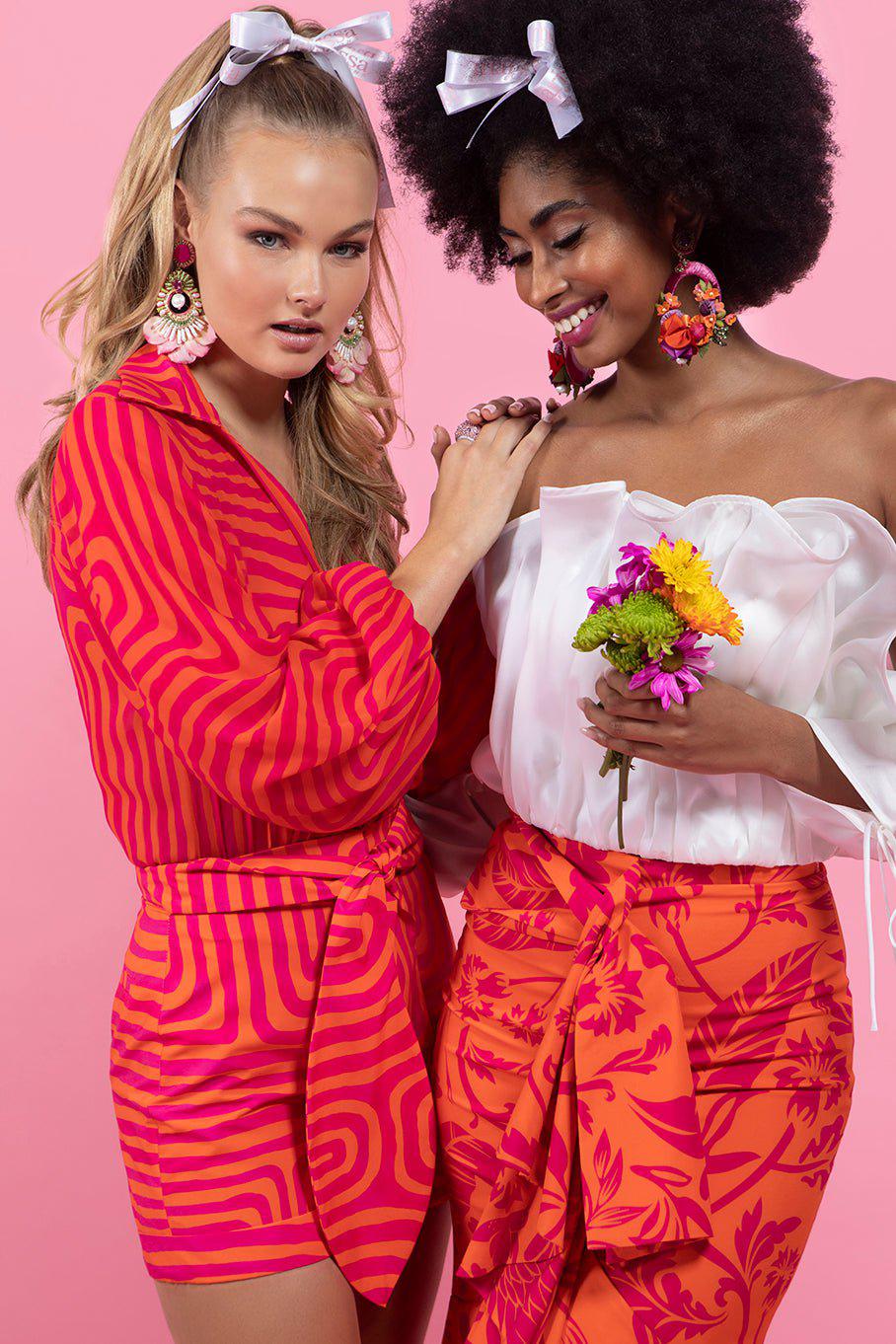 RANJANA KHAN-Pink Rhodes Silk Flower Earrings-PINK