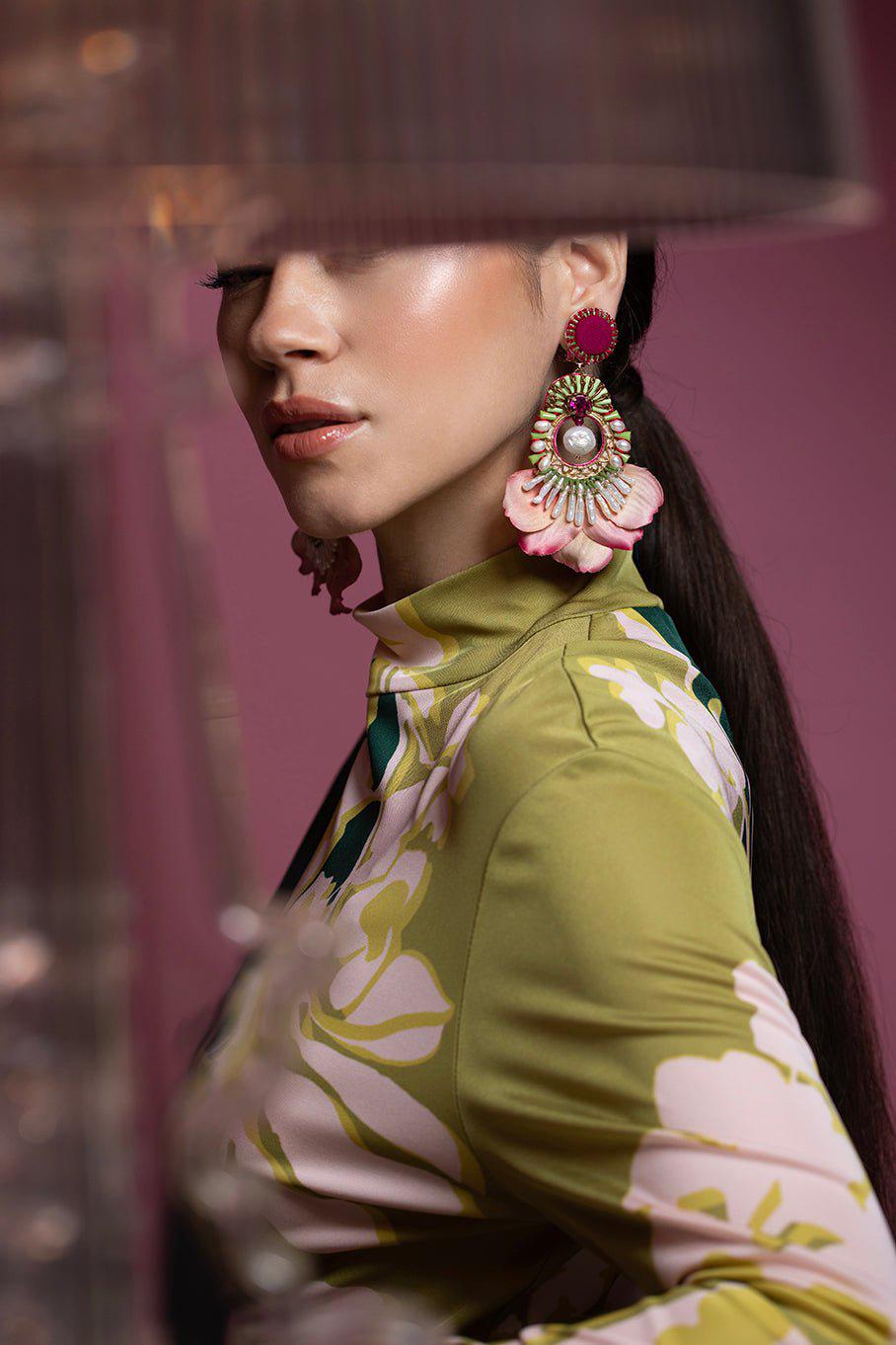 RANJANA KHAN-Pink Rhodes Silk Flower Earrings-PINK