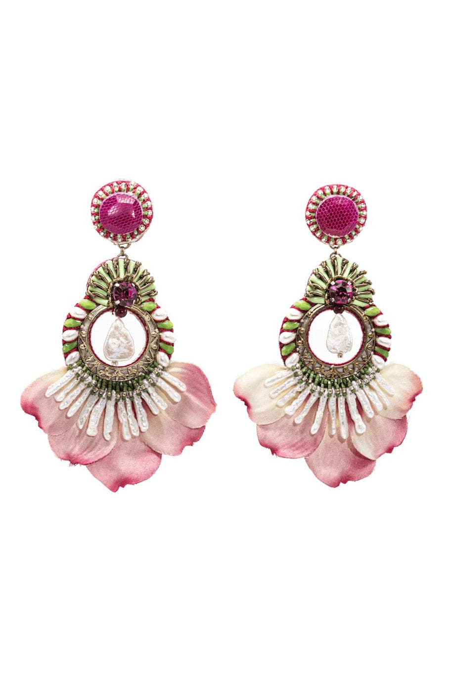 RANJANA KHAN-Pink Rhodes Silk Flower Earrings-PINK