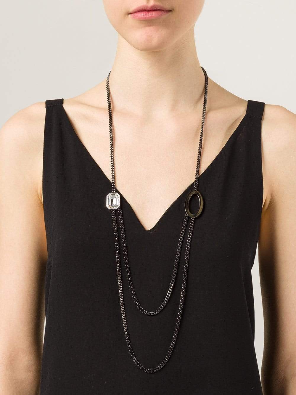 REBECCA-Elizabeth Long Circle Crystal Necklace-GUNMETAL