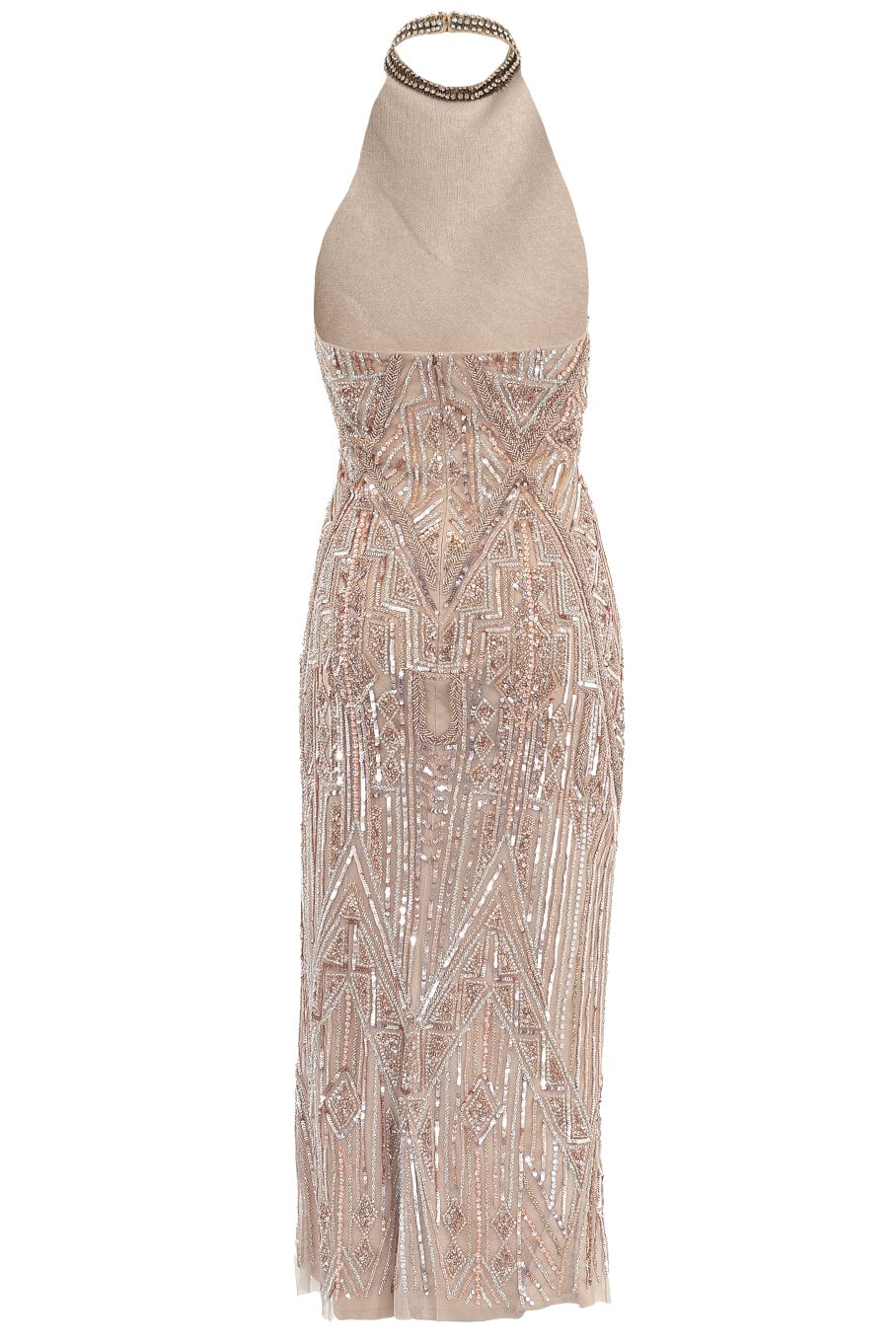 REEM ACRA-Halter Neck Beaded Dress-