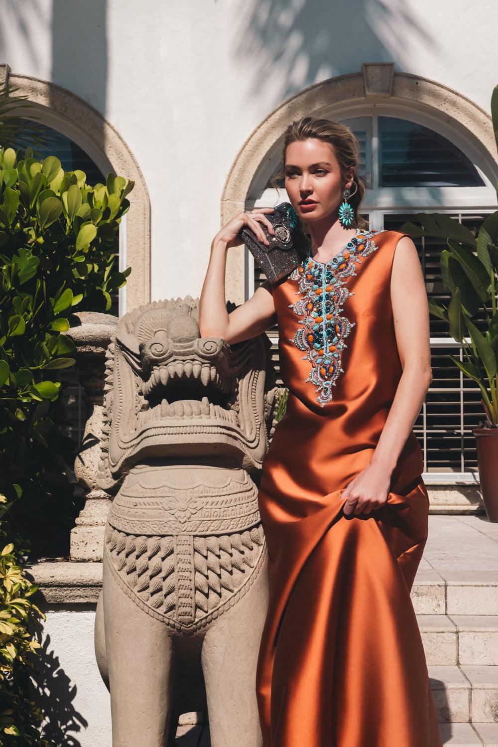 Embellished Neck Kaftan-COPPER-S-CLOTHINGDRESSGOWN-REEM ACRA