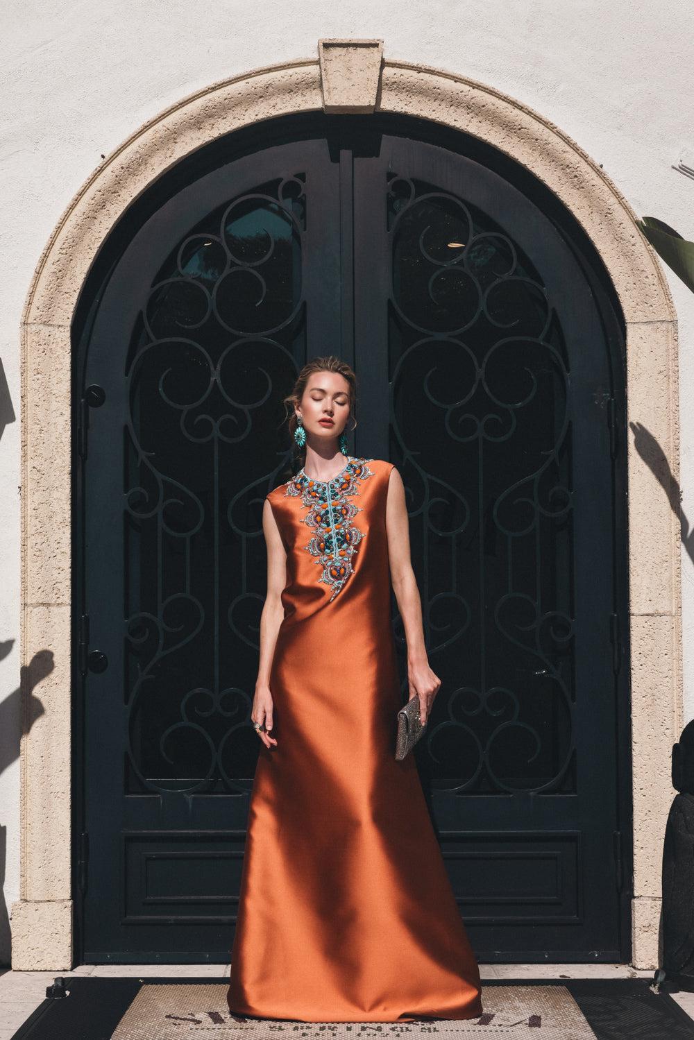 Embellished Neck Kaftan-COPPER-S-CLOTHINGDRESSGOWN-REEM ACRA