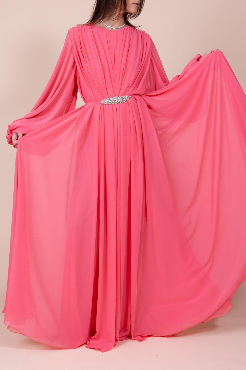 REEM ACRA: Bubble Sleeve Gown - Stawberry REEM ACRA: Bubble Sleeve Gown - Stawberry