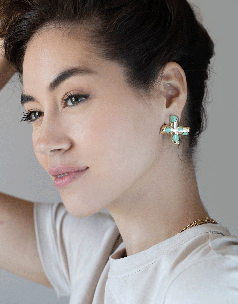 RETROUVAI-Green Turquoise Polka Dot XO Earrings-YELLOW GOLD