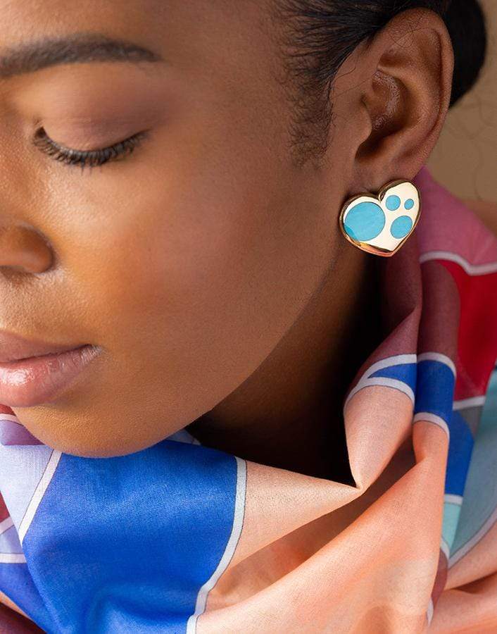 RETROUVAI-Turquoise Inlay Polka Dot Heart Earrings-YELLOW GOLD
