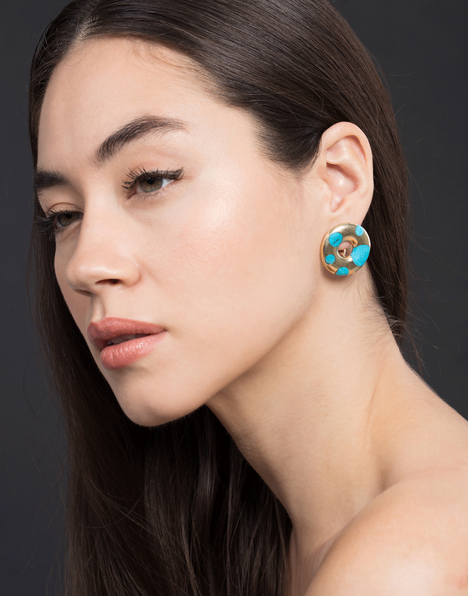 RETROUVAI-Turquoise Polka Dot "XO" Earrings-YELLOW GOLD