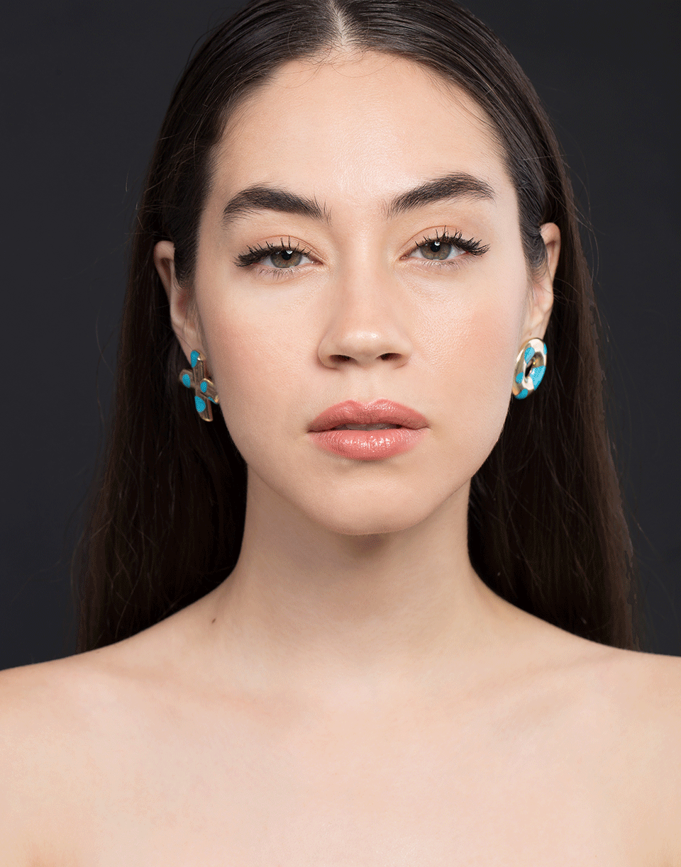 RETROUVAI-Turquoise Polka Dot "XO" Earrings-YELLOW GOLD