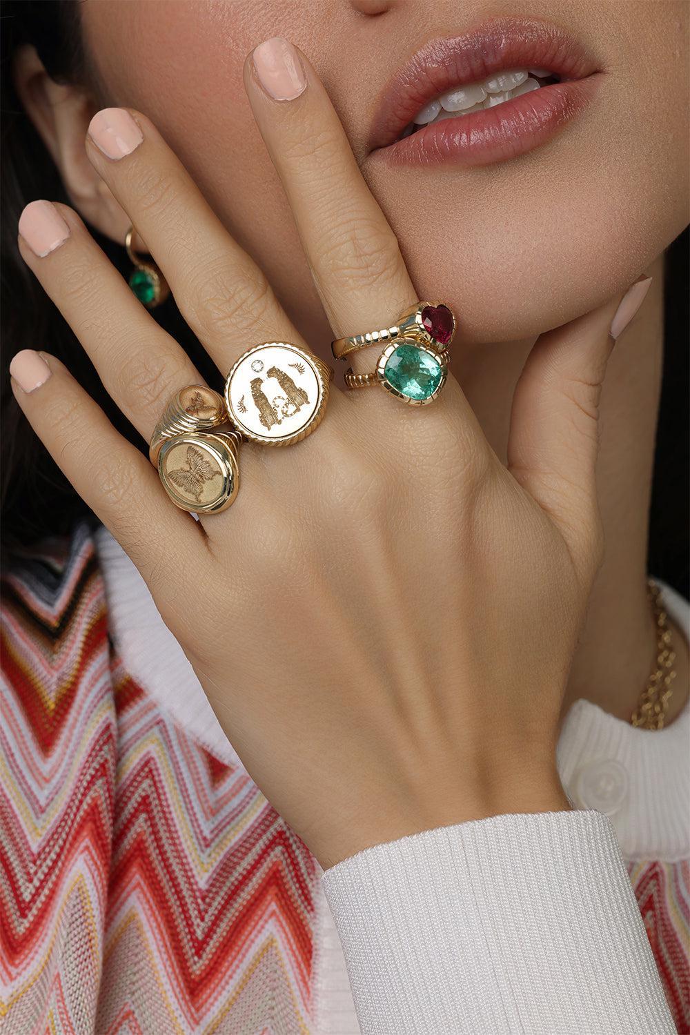 Cushion Emerald Heirloom Ring-YELLOW GOLD-7-JEWELRYFINE JEWELRING-RETROUVAI