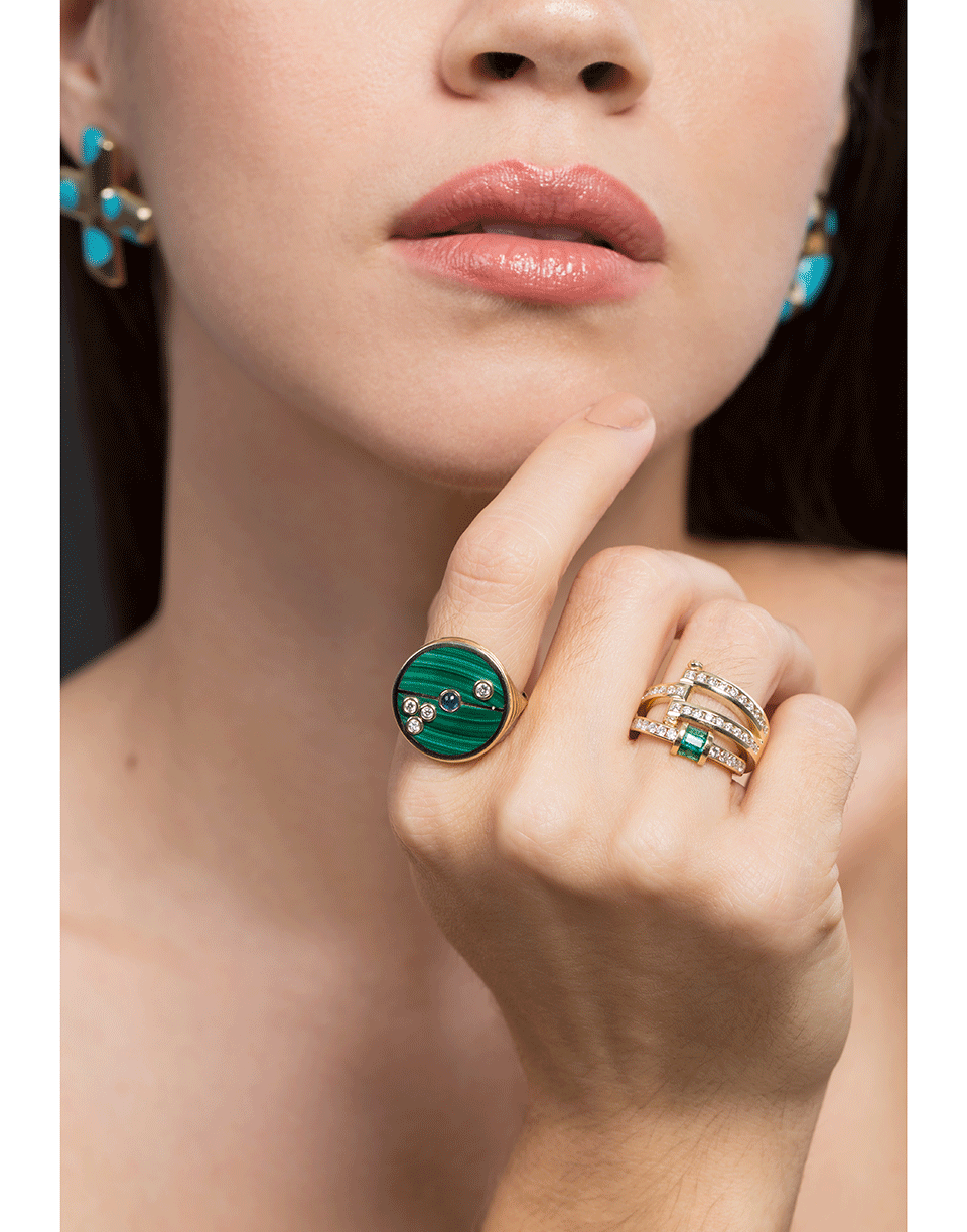 RETROUVAI-Malachite Compass Ring-YELLOW GOLD