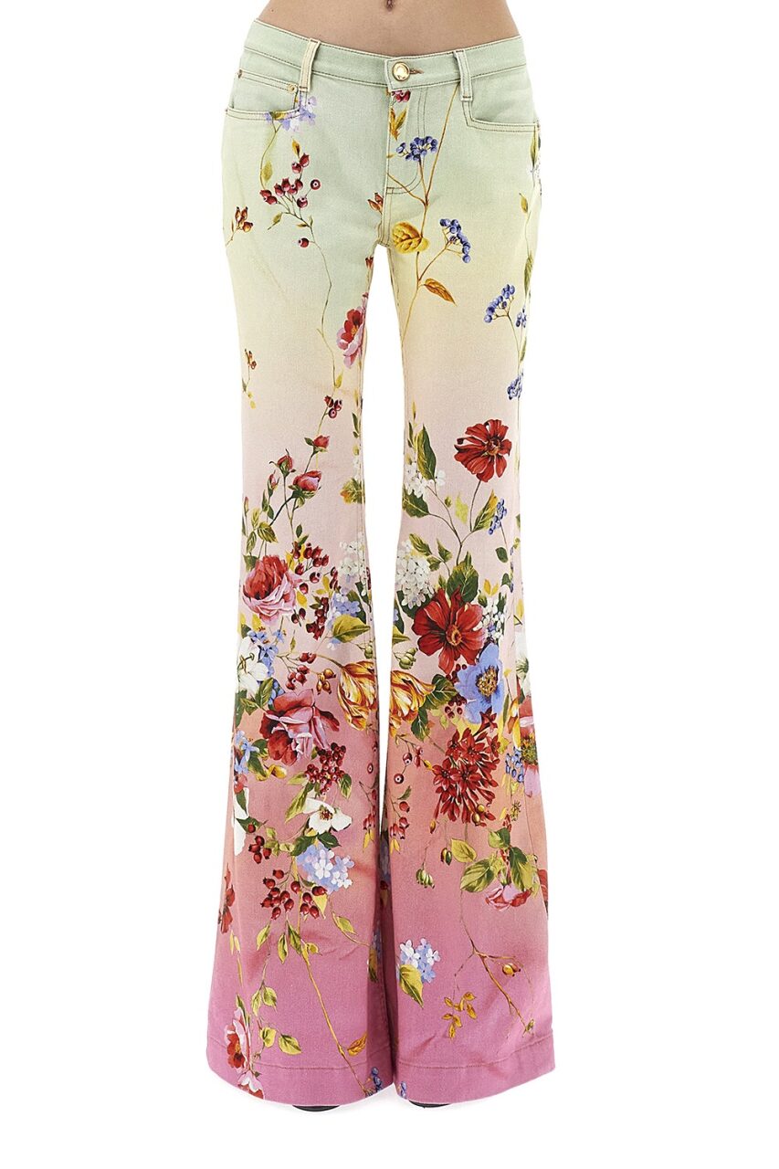 Miami Flowers Flare Pant-GRN/FCHS-40-CLOTHINGPANTDENIM-ROBERTO CAVALLI