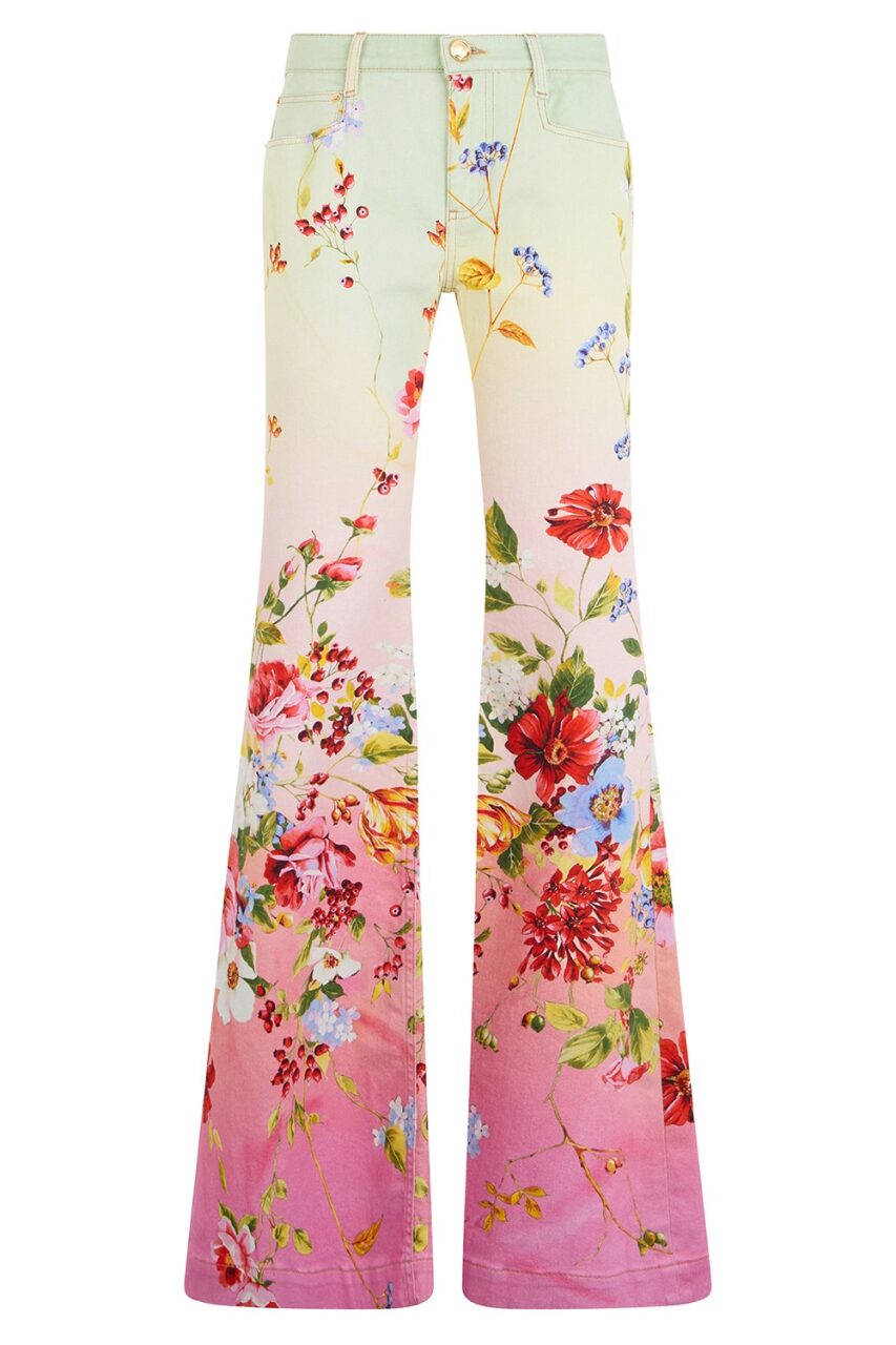 Miami Flowers Flare Pant-GRN/FCHS-40-CLOTHINGPANTDENIM-ROBERTO CAVALLI