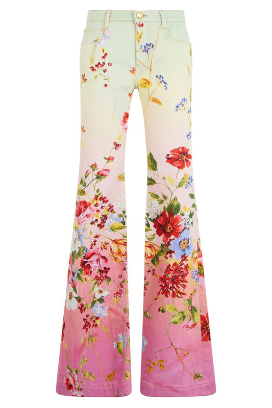 Miami Flowers Flare Pant-GRN/FCHS-40-CLOTHINGPANTDENIM-ROBERTO CAVALLI