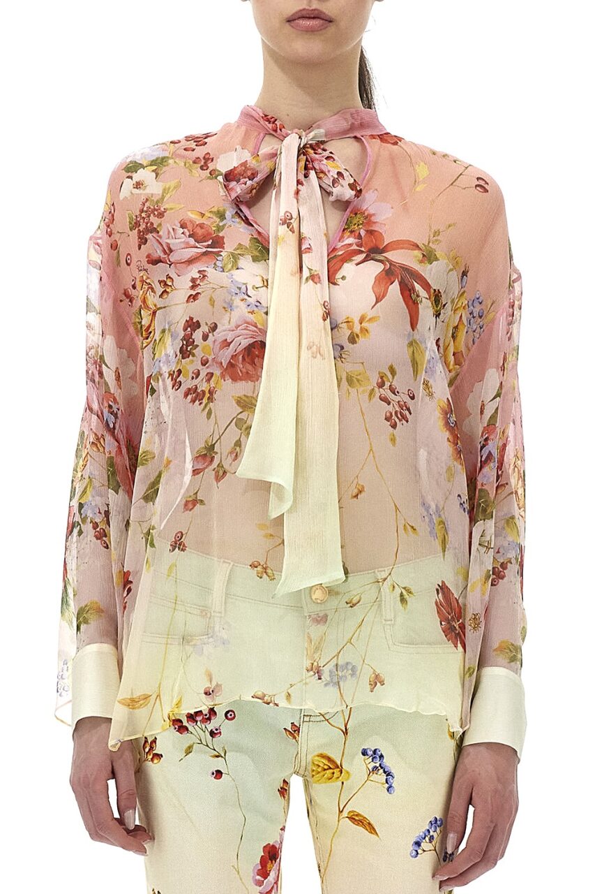 Miami Flowers Print Tie Neck Blouse-GRN/FCHS-38-CLOTHINGTOPBLOUSE-ROBERTO CAVALLI