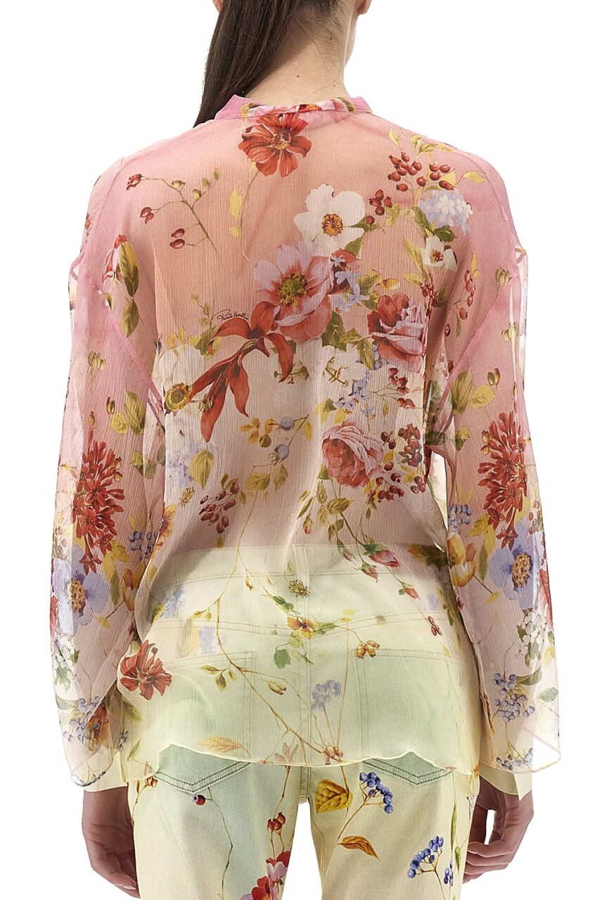 Miami Flowers Print Tie Neck Blouse-GRN/FCHS-38-CLOTHINGTOPBLOUSE-ROBERTO CAVALLI