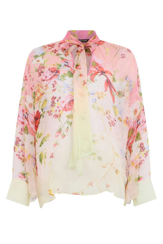 Miami Flowers Print Tie Neck Blouse-GRN/FCHS-38-CLOTHINGTOPBLOUSE-ROBERTO CAVALLI